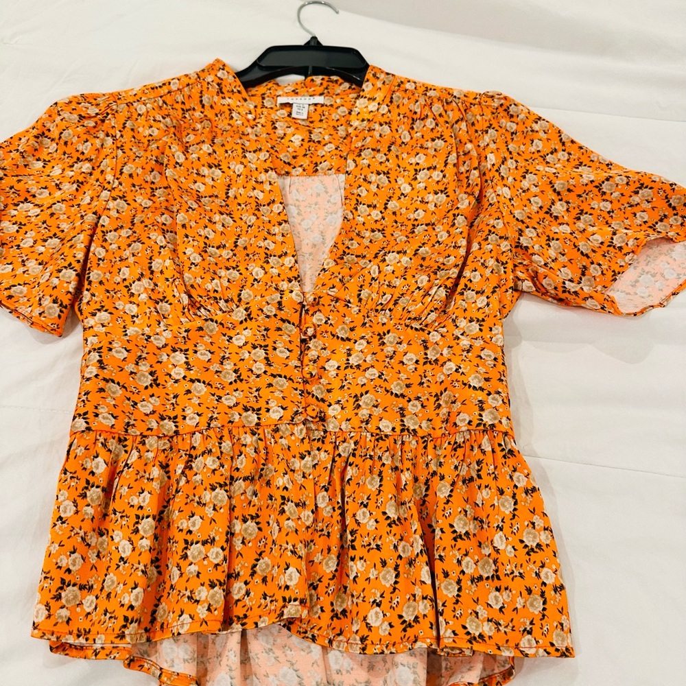 Topshop Orange Short Sleeve Blouse with Smocked Peplum Size Medium /6 - Picture 4 of 5